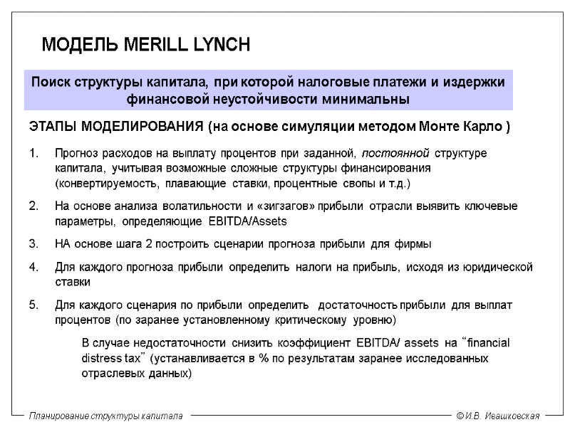 МОДЕЛЬ MERILL LYNCH Поиск структуры капитала, при которой налоговые платежи и издержки финансовой неустойчивости